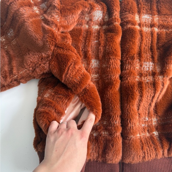 Anthropologie Plaid Teddy Bomber Jacket Sz 1X Rust Brown Fuzzy Zip Up Plush Coat - Picture 7 of 13